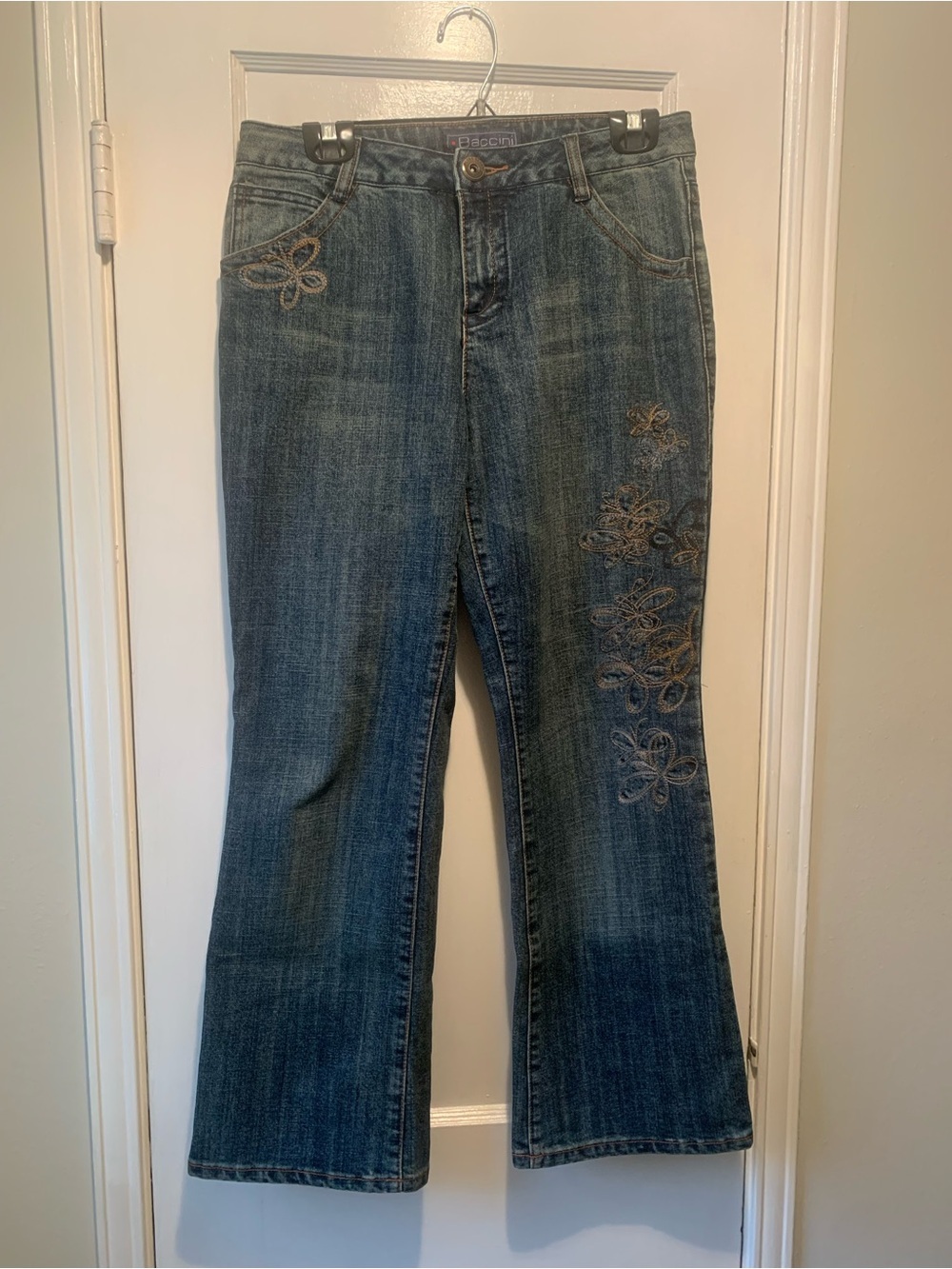 Baccini Blue Jeans Boot Cut with Gold Embroidered Floral Accents